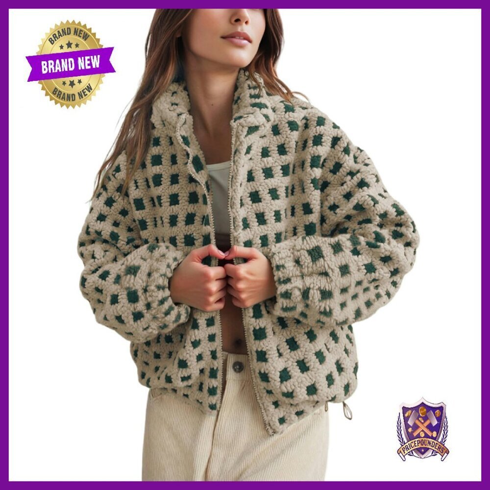 Women's Sherpa Fleece Jacket Zip Up Cropped Coats Warm Winter Outwear